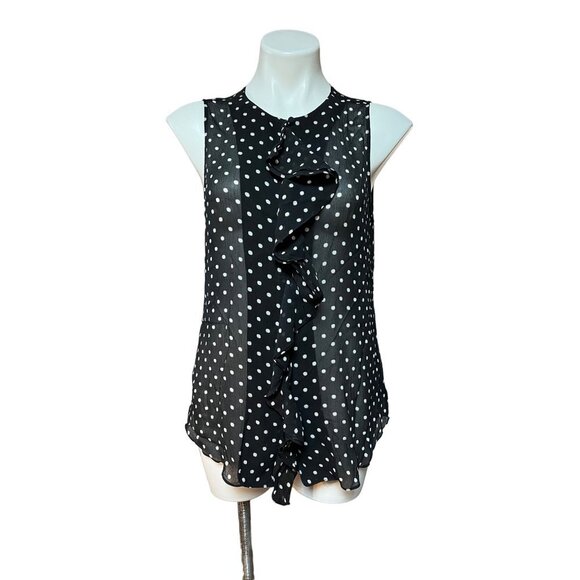Theory Sheer Polka Dot Ruffle Front Sleeveless Top Black White Large - Picture 9 of 9